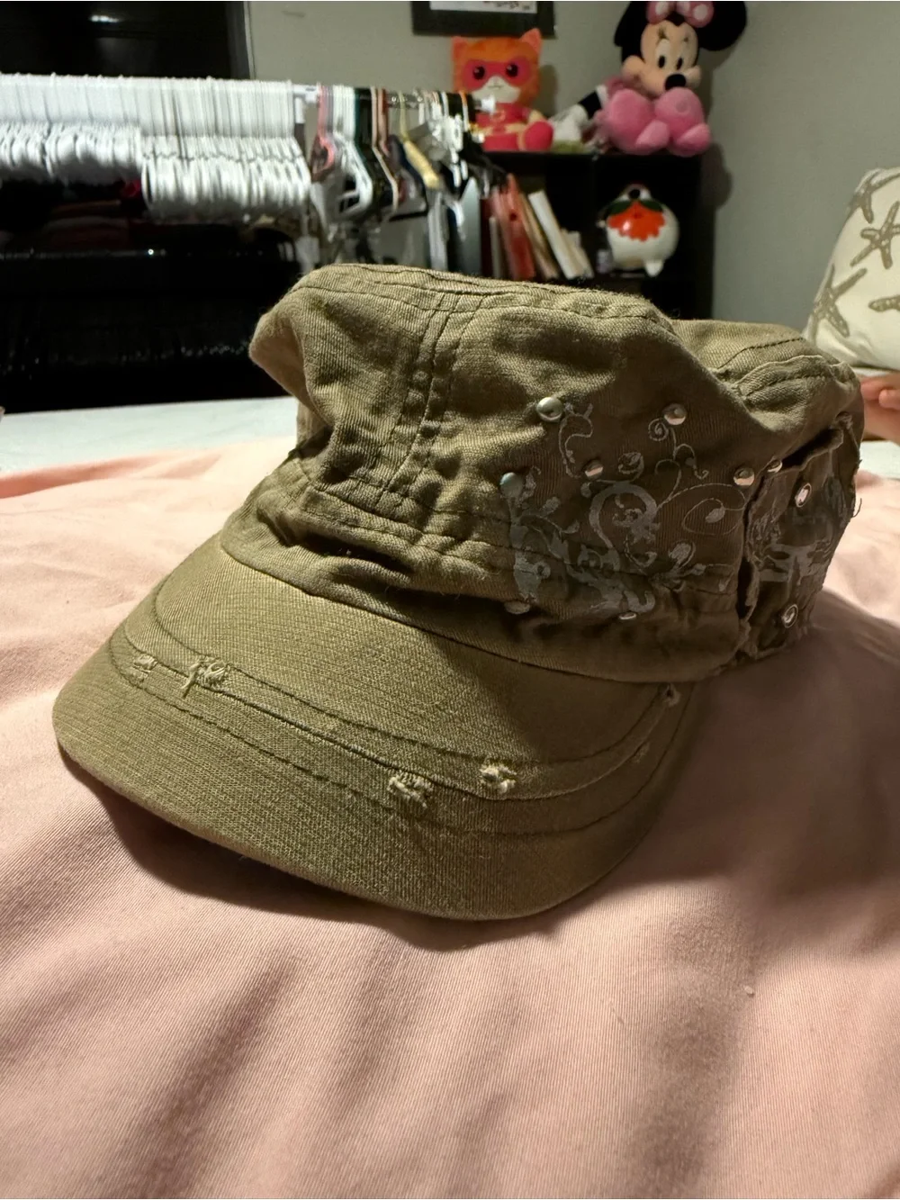 Embellished Olive Green Military Cap with Stud Detail